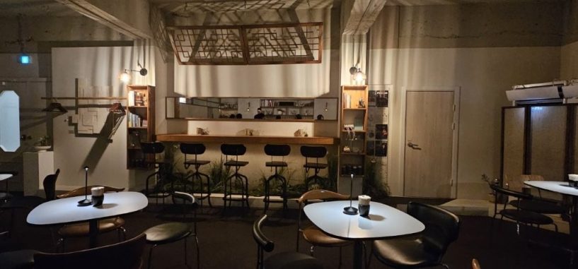 Opposite the bar counter